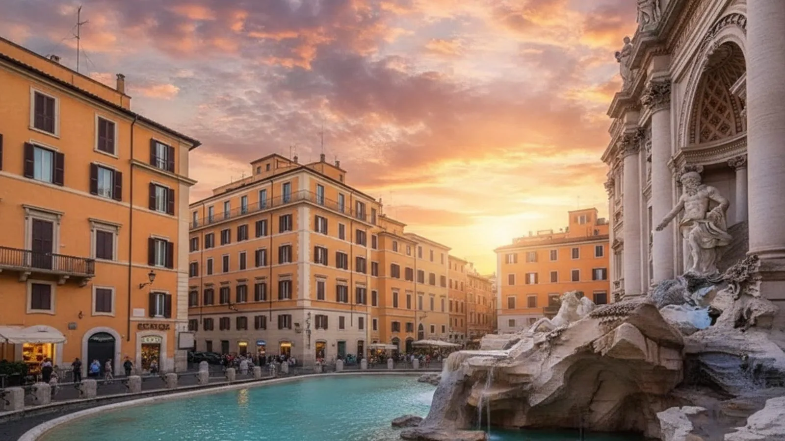 Fontana di Trevi al tramonto con i palazzi della piazza