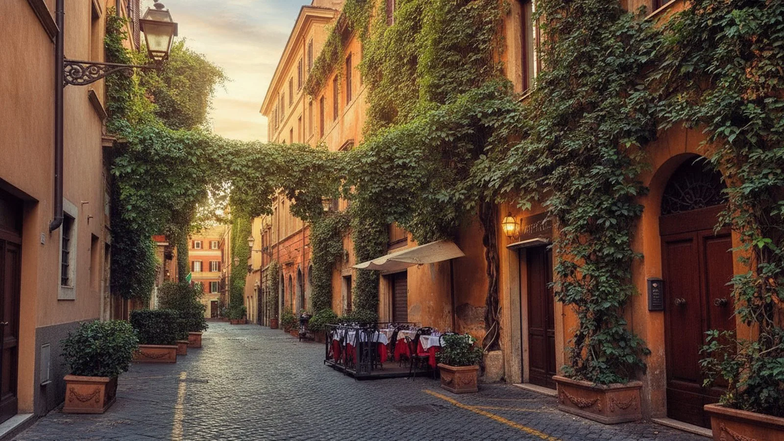 Vicolo di Trastevere con case ricoperte di edera e tavolini all'aperto